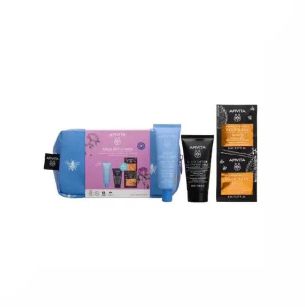 Apivita Cofanetto Aqua Beelicious con Crema Idratante Colorata Healthy Glow SPF30+Gel detergente Viso + Maschera + Pochette